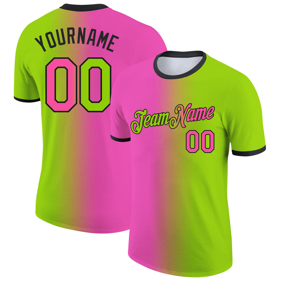 Custom Neon Green Pink-Black Gradient Fashion Performance T-Shirt