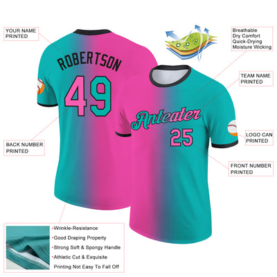 Custom Aqua Pink-Black Gradient Fashion Performance T-Shirt