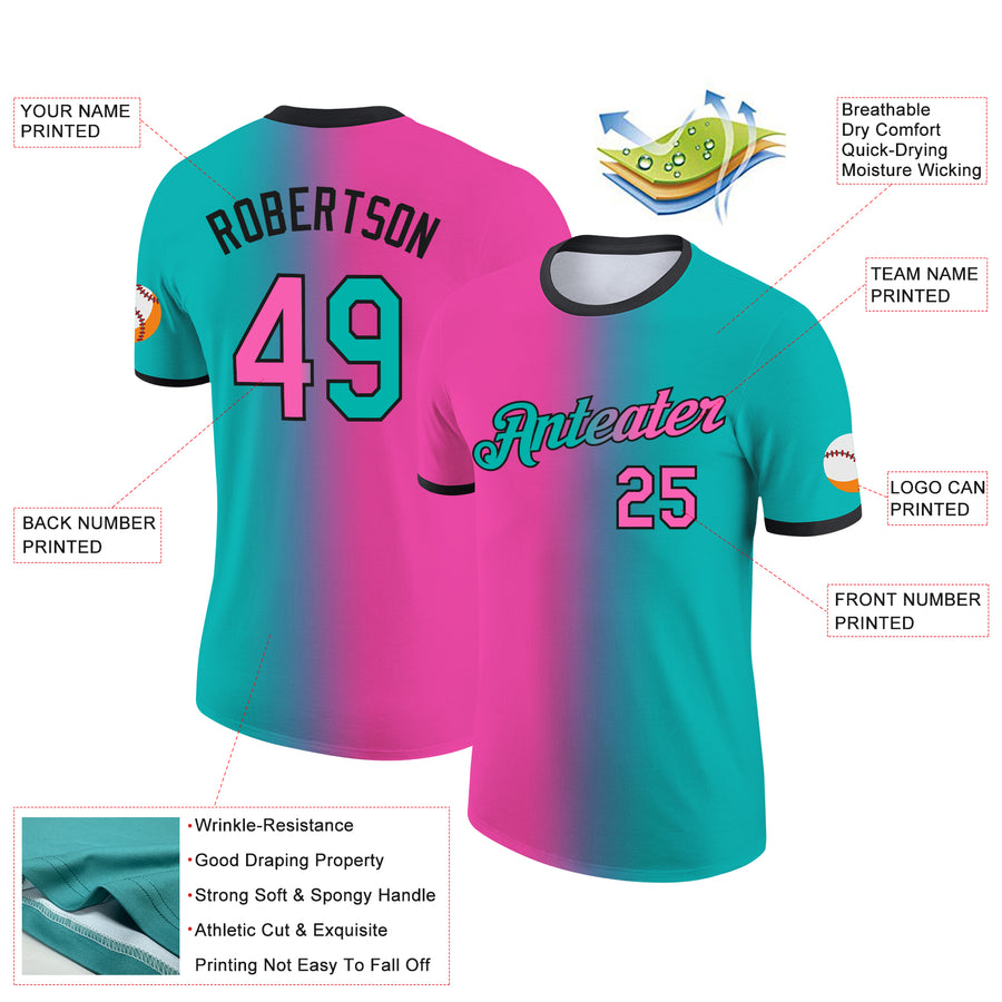 Custom Aqua Pink-Black Gradient Fashion Performance T-Shirt