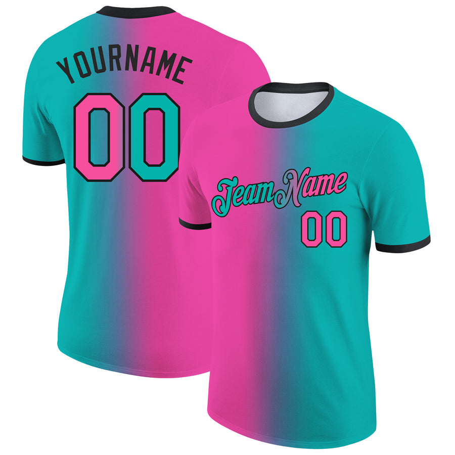 Custom Aqua Pink-Black Gradient Fashion Performance T-Shirt