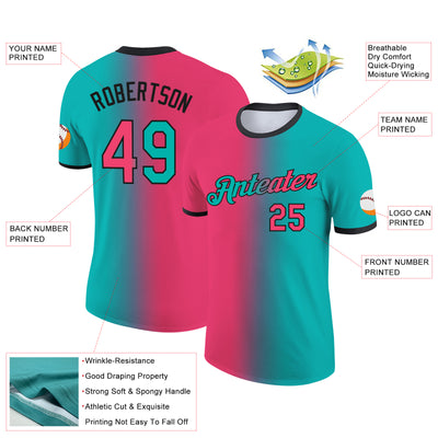 Custom Aqua Neon Pink-Black Gradient Fashion Performance T-Shirt