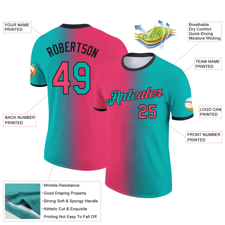 Custom Aqua Neon Pink-Black Gradient Fashion Performance T-Shirt