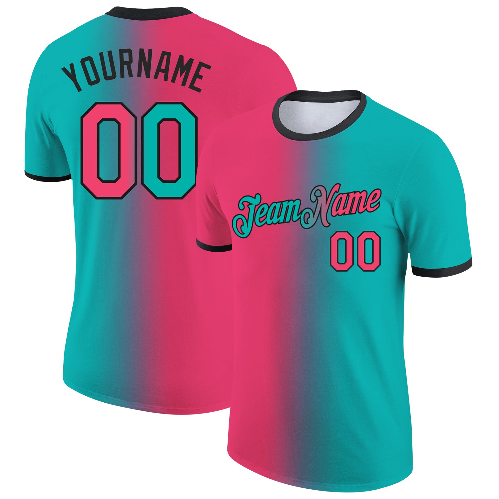 Custom Aqua Neon Pink-Black Gradient Fashion Performance T-Shirt