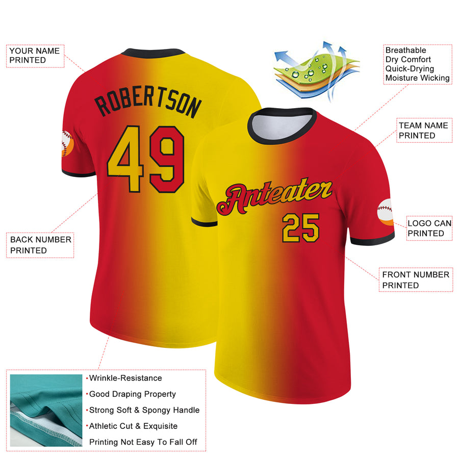 Custom Red Yellow-Black Gradient Fashion Performance T-Shirt