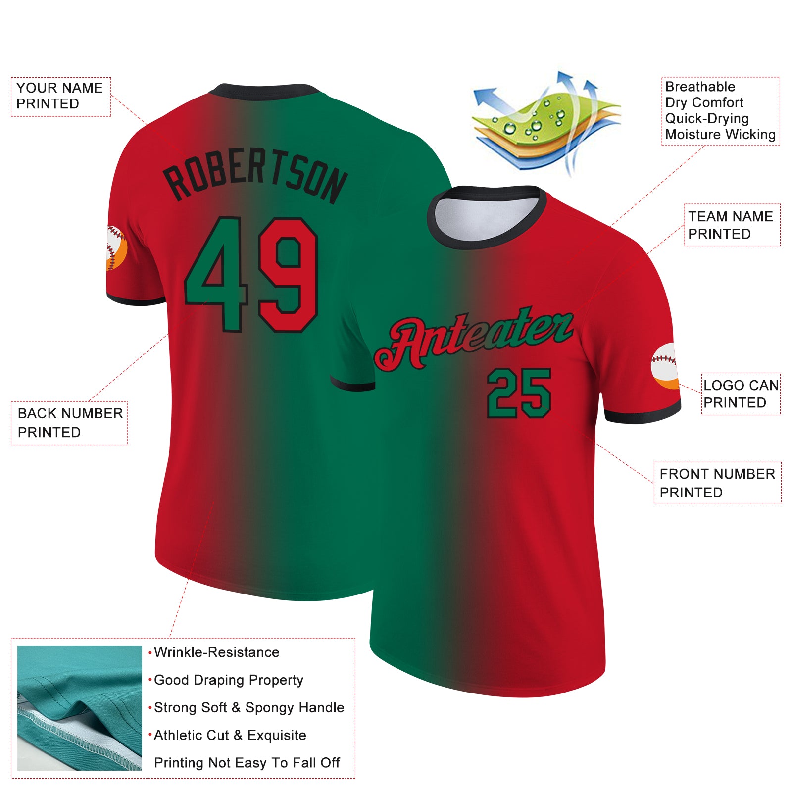 Custom Red Kelly Green-Black Gradient Fashion Performance T-Shirt