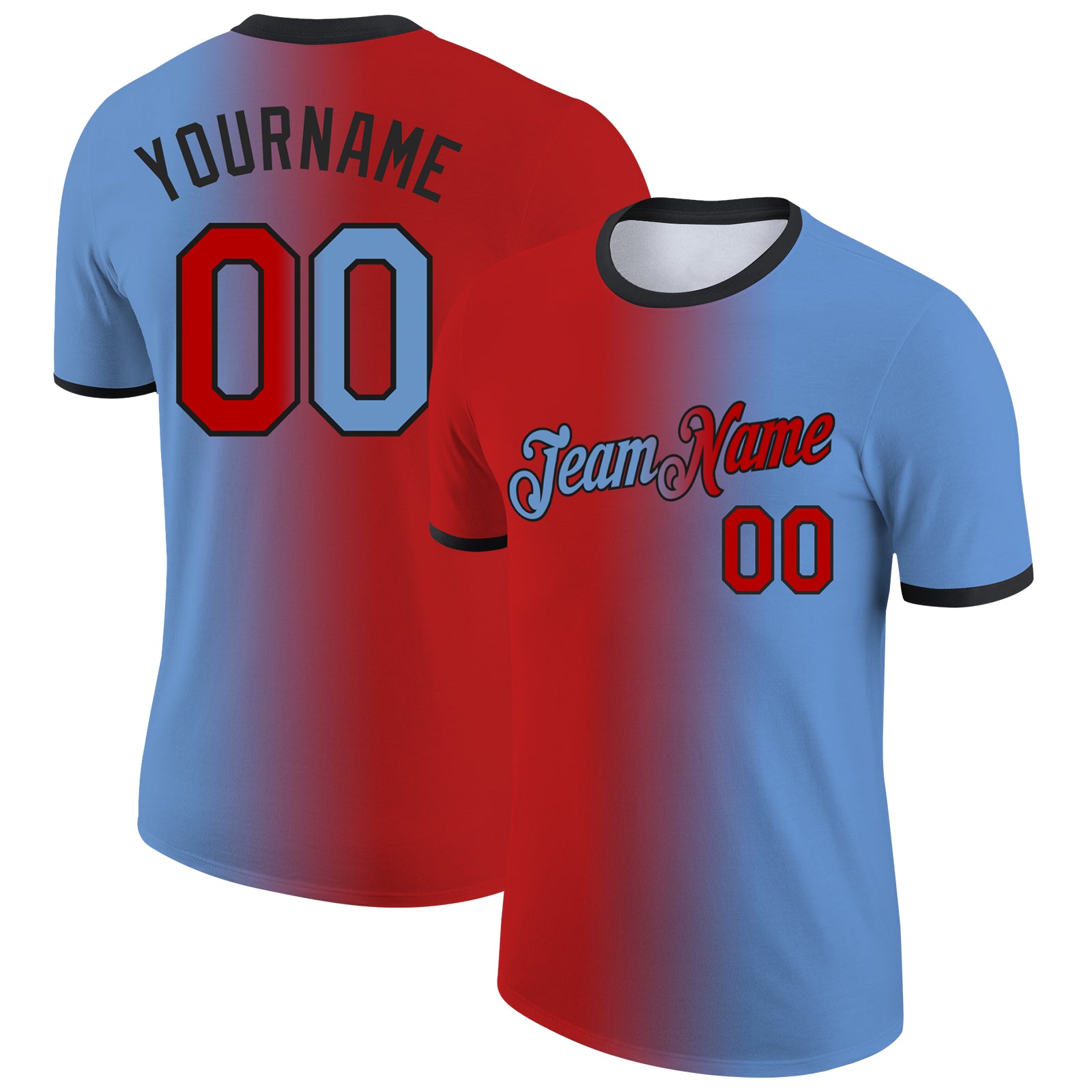 Custom Light Blue Red-Black Gradient Fashion Performance T-Shirt