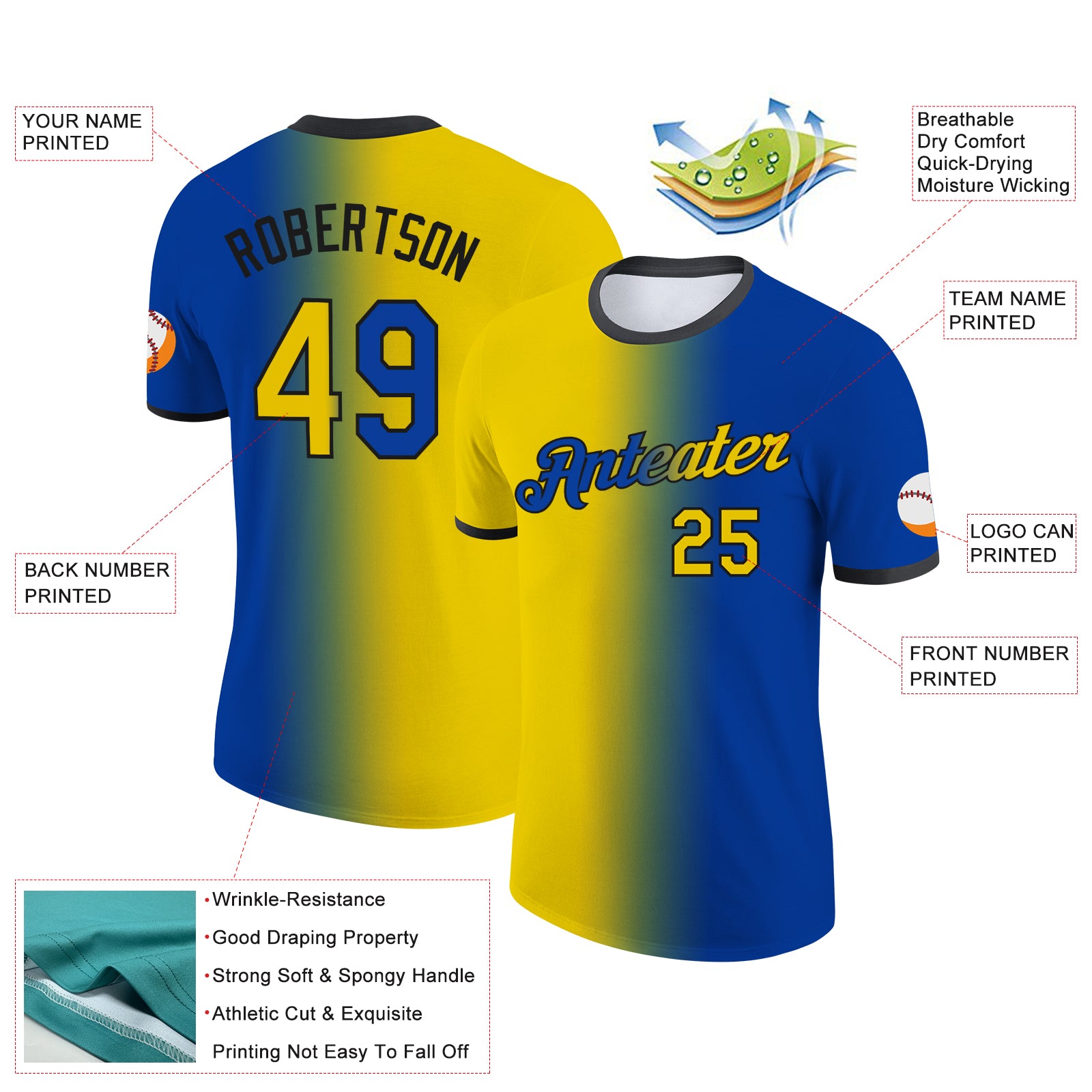 Custom Royal Yellow-Black Gradient Fashion Performance T-Shirt