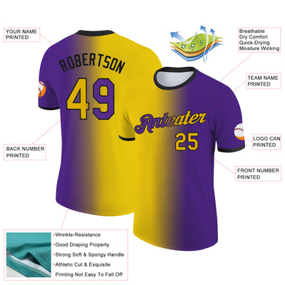 Custom Purple Yellow-Black Gradient Fashion Performance T-Shirt
