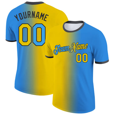 Custom Powder Blue Yellow-Black Gradient Fashion Performance T-Shirt