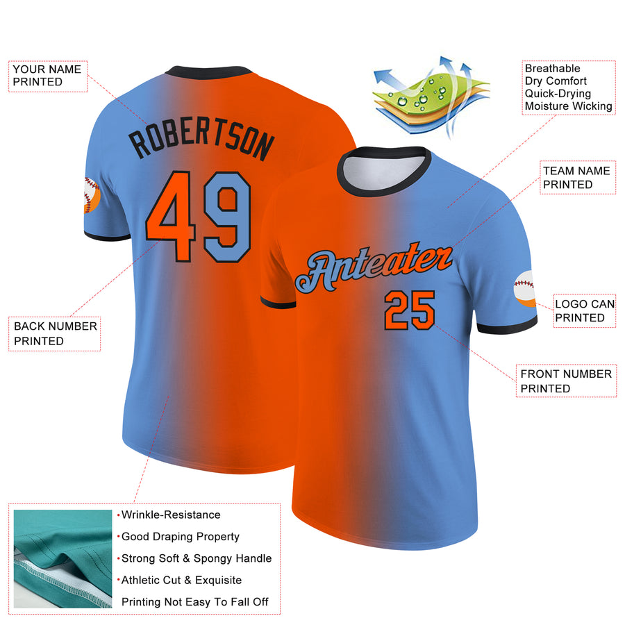 Custom Light Blue Orange-Black Gradient Fashion Performance T-Shirt