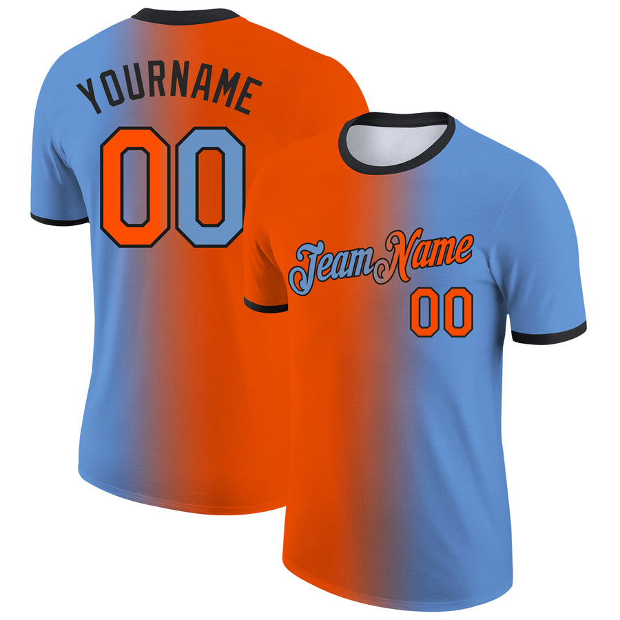 Custom Light Blue Orange-Black Gradient Fashion Performance T-Shirt