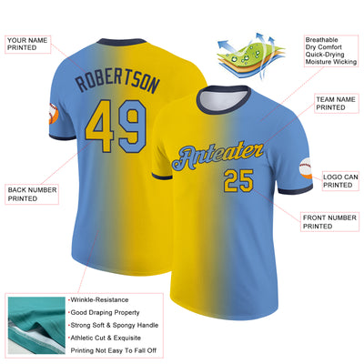 Custom Light Blue Yellow-Navy Gradient Fashion Performance T-Shirt
