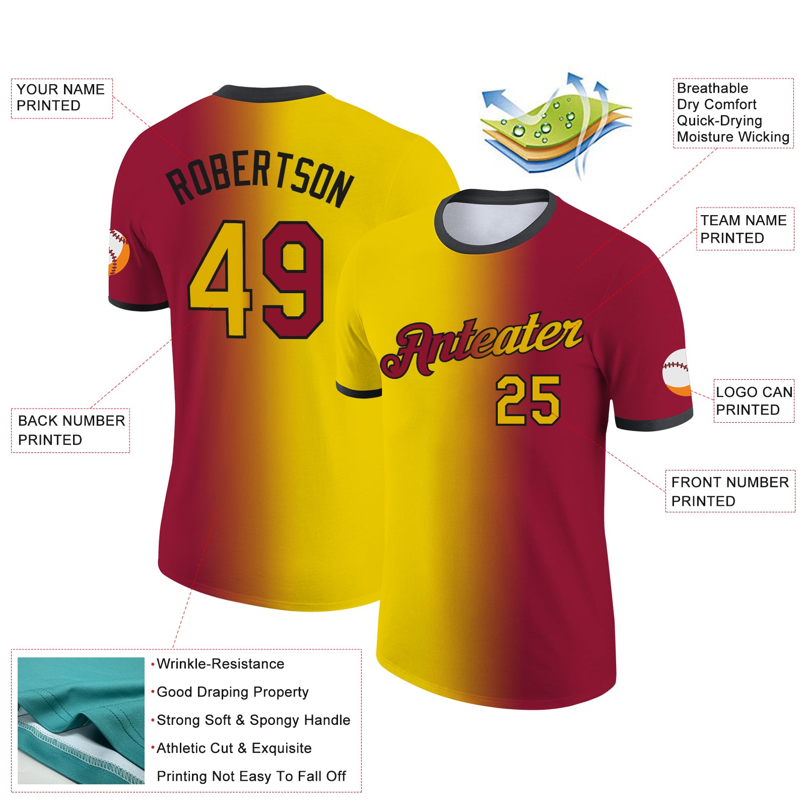 Custom Crimson Yellow-Black Gradient Fashion Performance T-Shirt