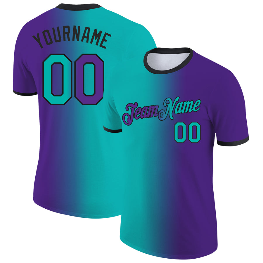 Custom Purple Aqua-Black Gradient Fashion Performance T-Shirt