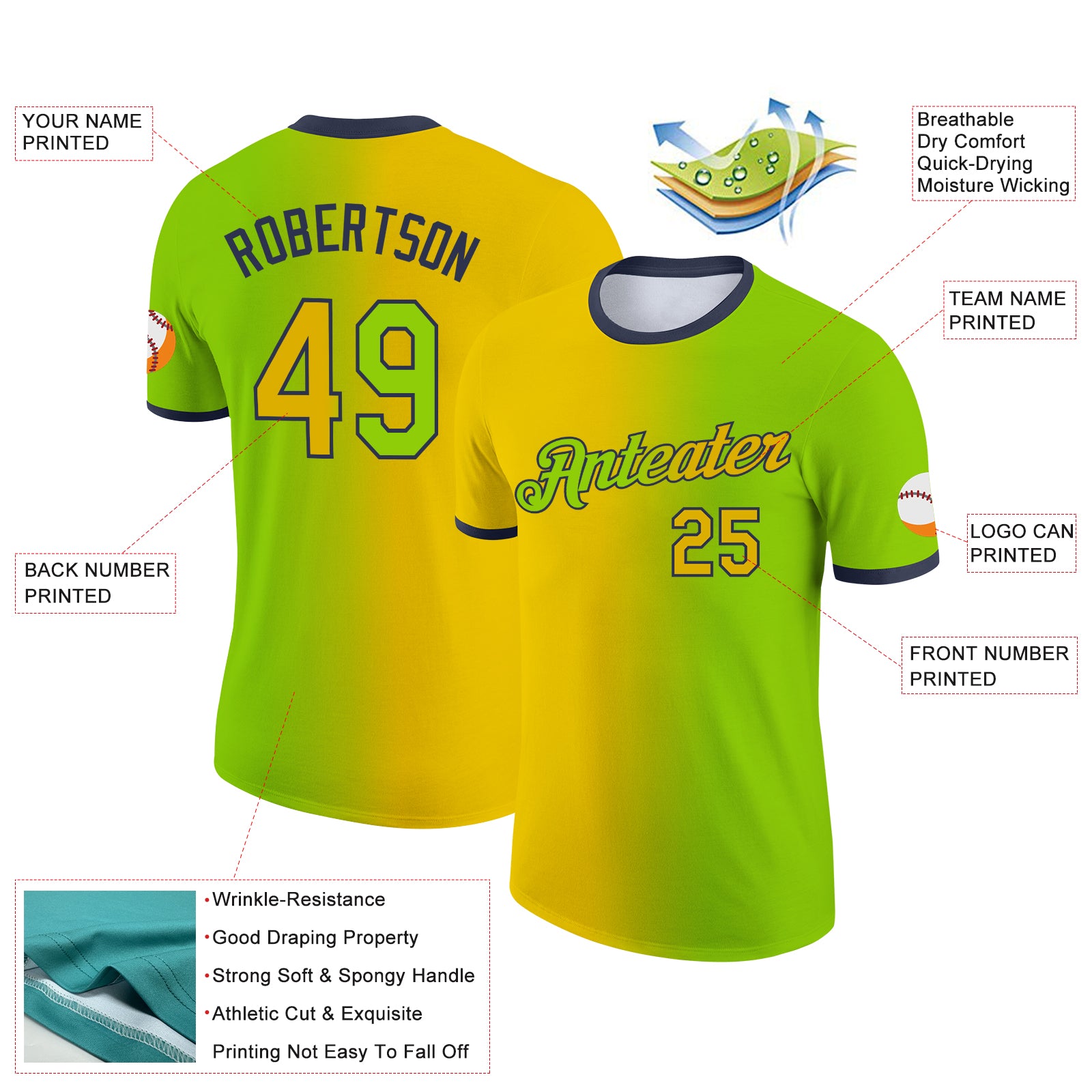 Custom Neon Green Yellow-Navy Gradient Fashion Performance T-Shirt