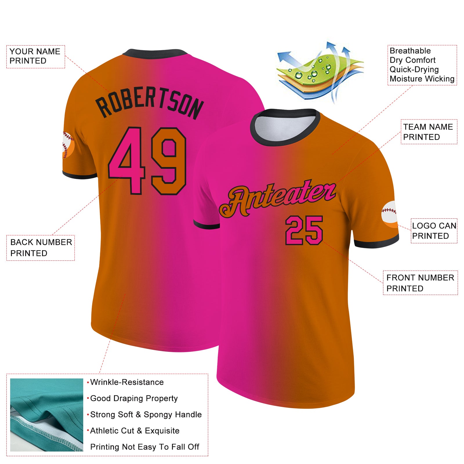 Custom Texas Orange Hot Pink-Black Gradient Fashion Performance T-Shirt