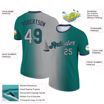 Custom Teal Gray-Navy Gradient Fashion Performance T-Shirt