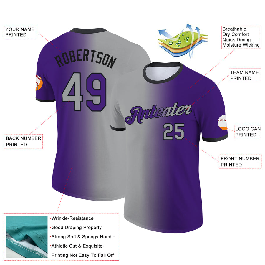 Custom Purple Gray-Black Gradient Fashion Performance T-Shirt