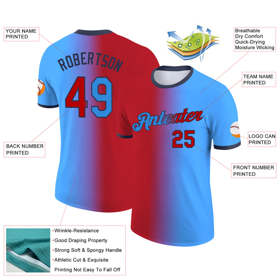 Custom Powder Blue Red-Navy Gradient Fashion Performance T-Shirt