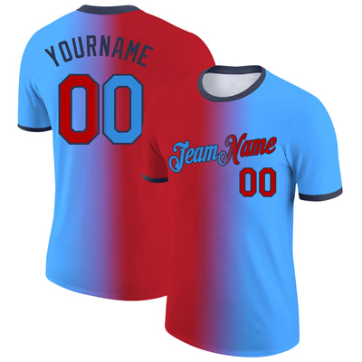 Custom Powder Blue Red-Navy Gradient Fashion Performance T-Shirt