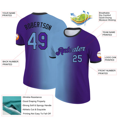 Custom Purple Light Blue-Black Gradient Fashion Performance T-Shirt