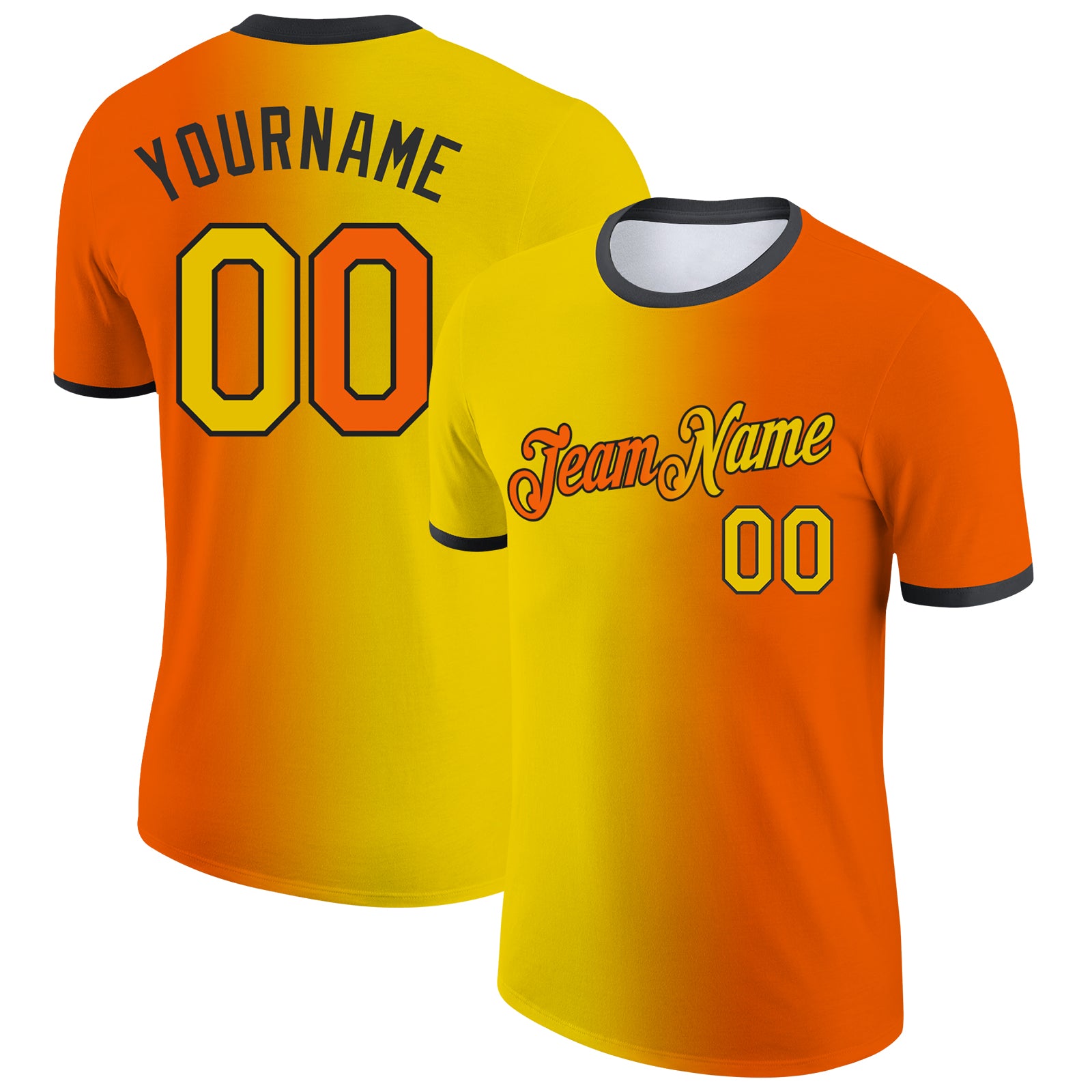 Custom Orange Yellow-Black Gradient Fashion Performance T-Shirt