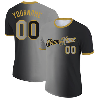 Custom Black Gray-Old Gold Gradient Fashion Performance T-Shirt
