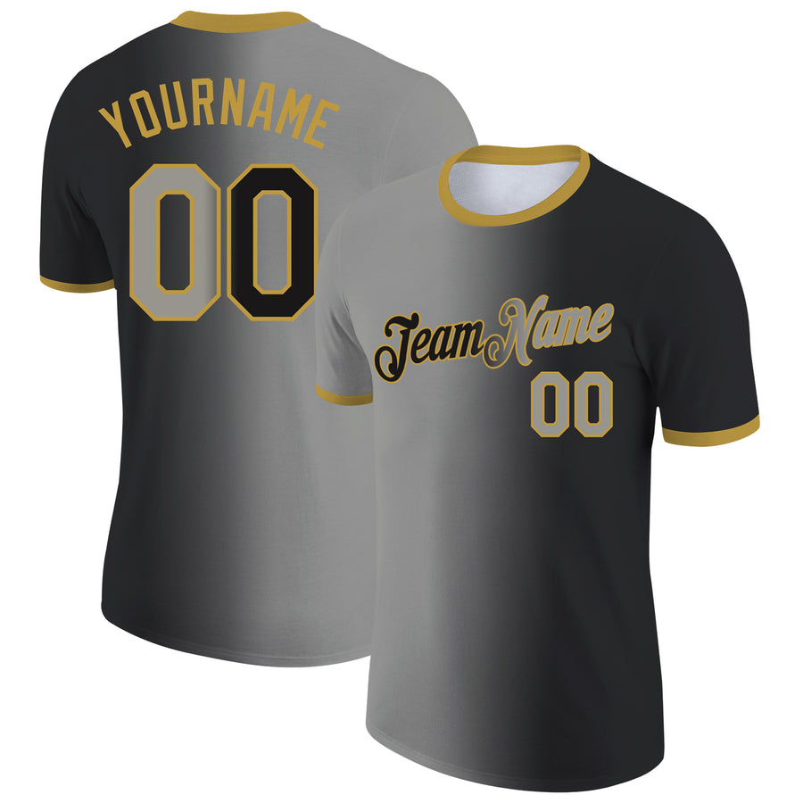 Custom Black Gray-Old Gold Gradient Fashion Performance T-Shirt