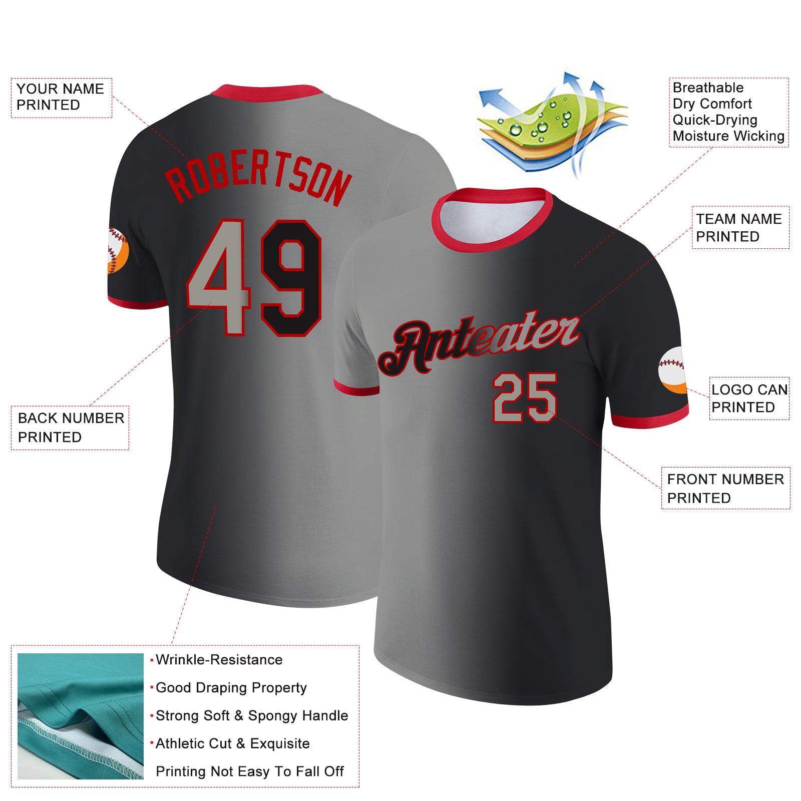 Custom Black Gray-Red Gradient Fashion Performance T-Shirt