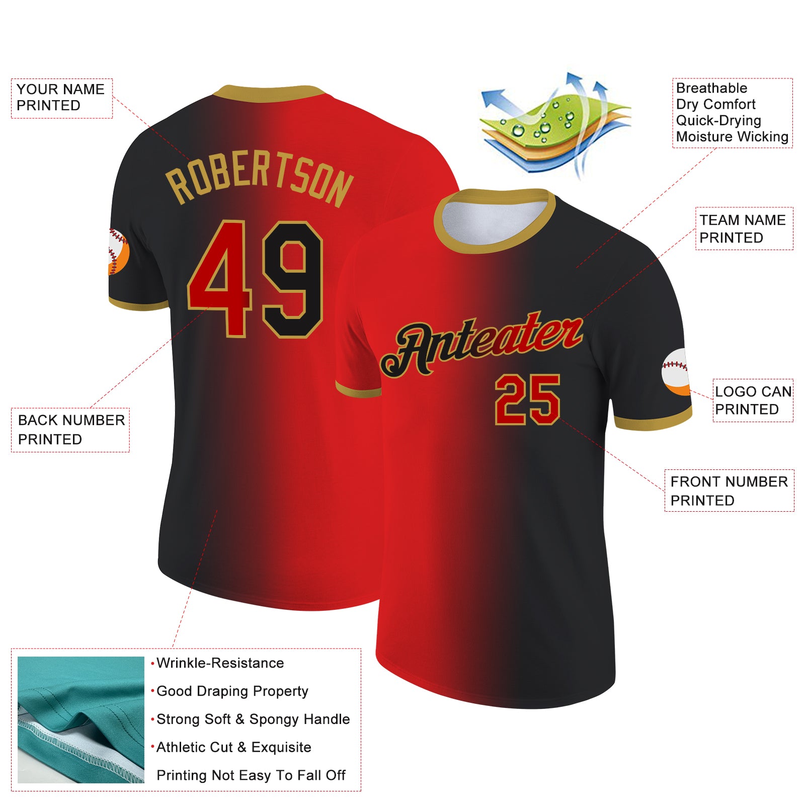 Custom Black Red-Old Gold Gradient Fashion Performance T-Shirt