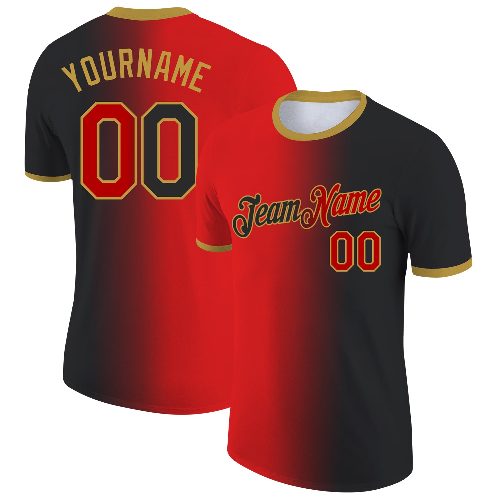 Custom Black Red-Old Gold Gradient Fashion Performance T-Shirt