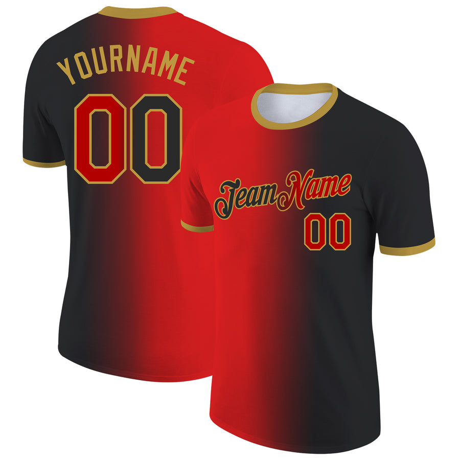 Custom Black Red-Old Gold Gradient Fashion Performance T-Shirt