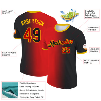 Custom Black Red-Gold Gradient Fashion Performance T-Shirt