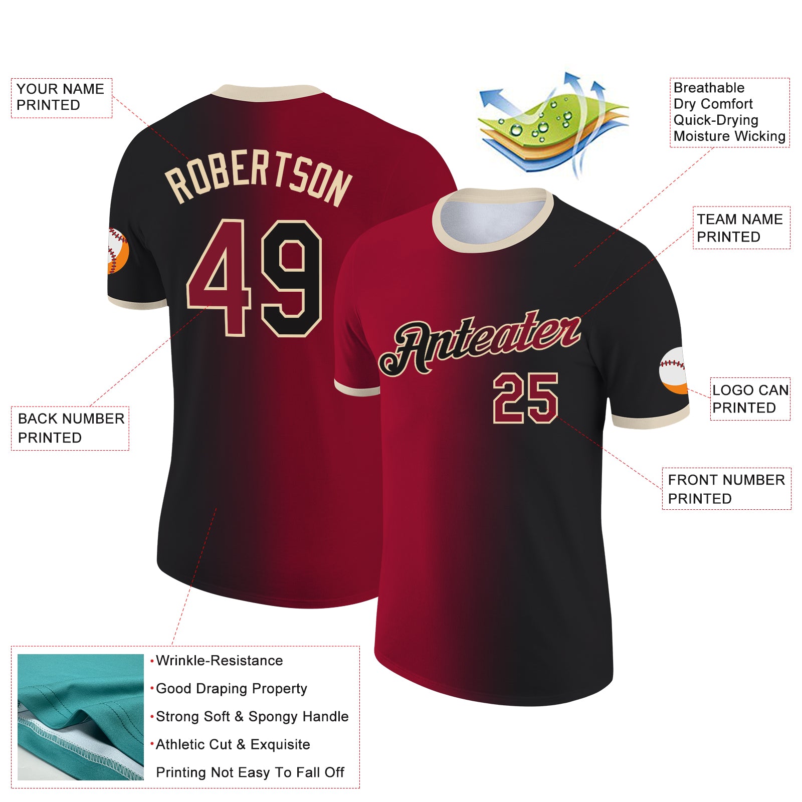 Custom Black Crimson-City Cream Gradient Fashion Performance T-Shirt