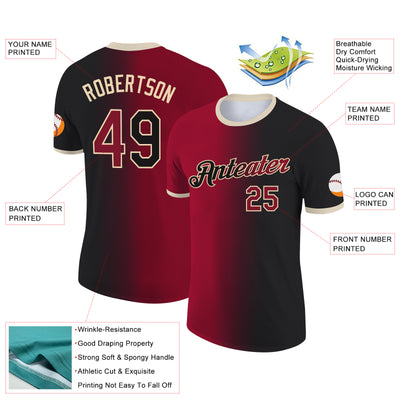 Custom Black Crimson-City Cream Gradient Fashion Performance T-Shirt