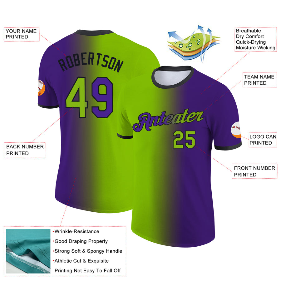 Custom Purple Neon Green-Black Gradient Fashion Performance T-Shirt