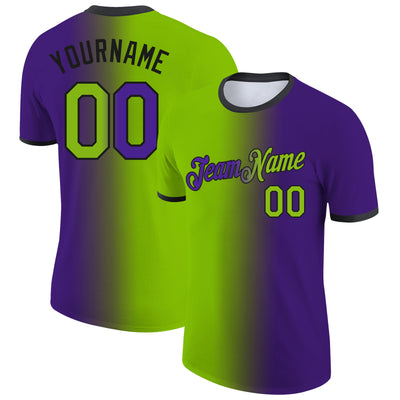 Custom Purple Neon Green-Black Gradient Fashion Performance T-Shirt