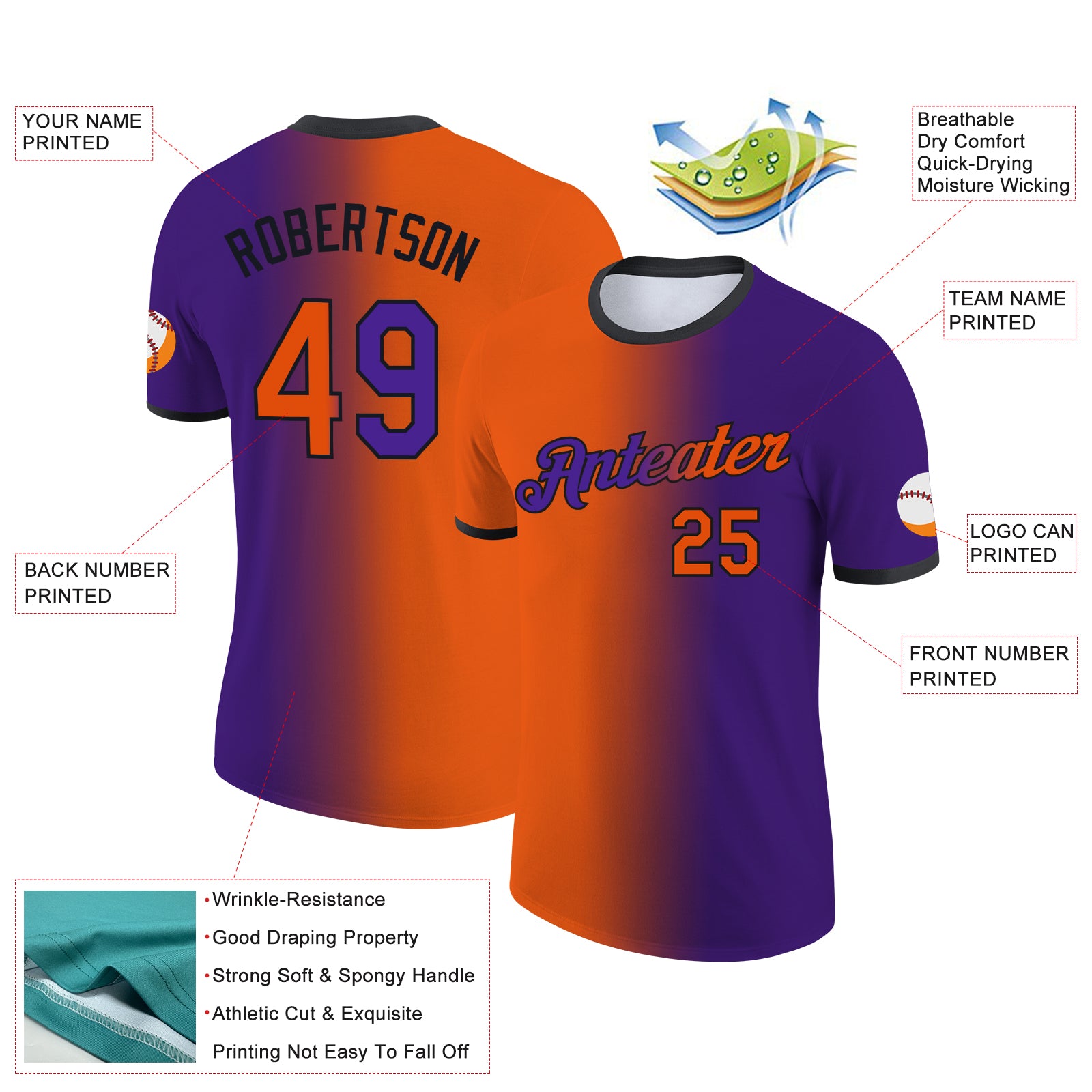 Custom Purple Orange-Black Gradient Fashion Performance T-Shirt