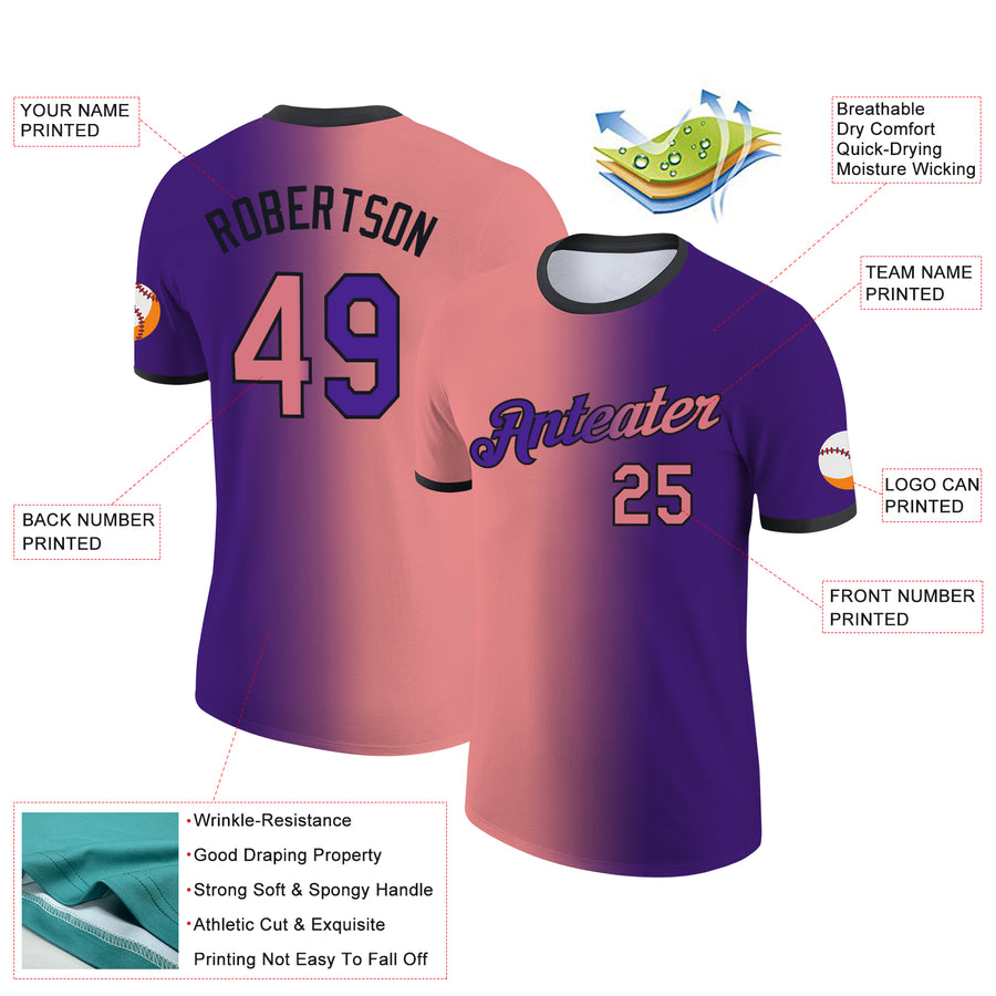 Custom Purple Medium Pink-Black Gradient Fashion Performance T-Shirt