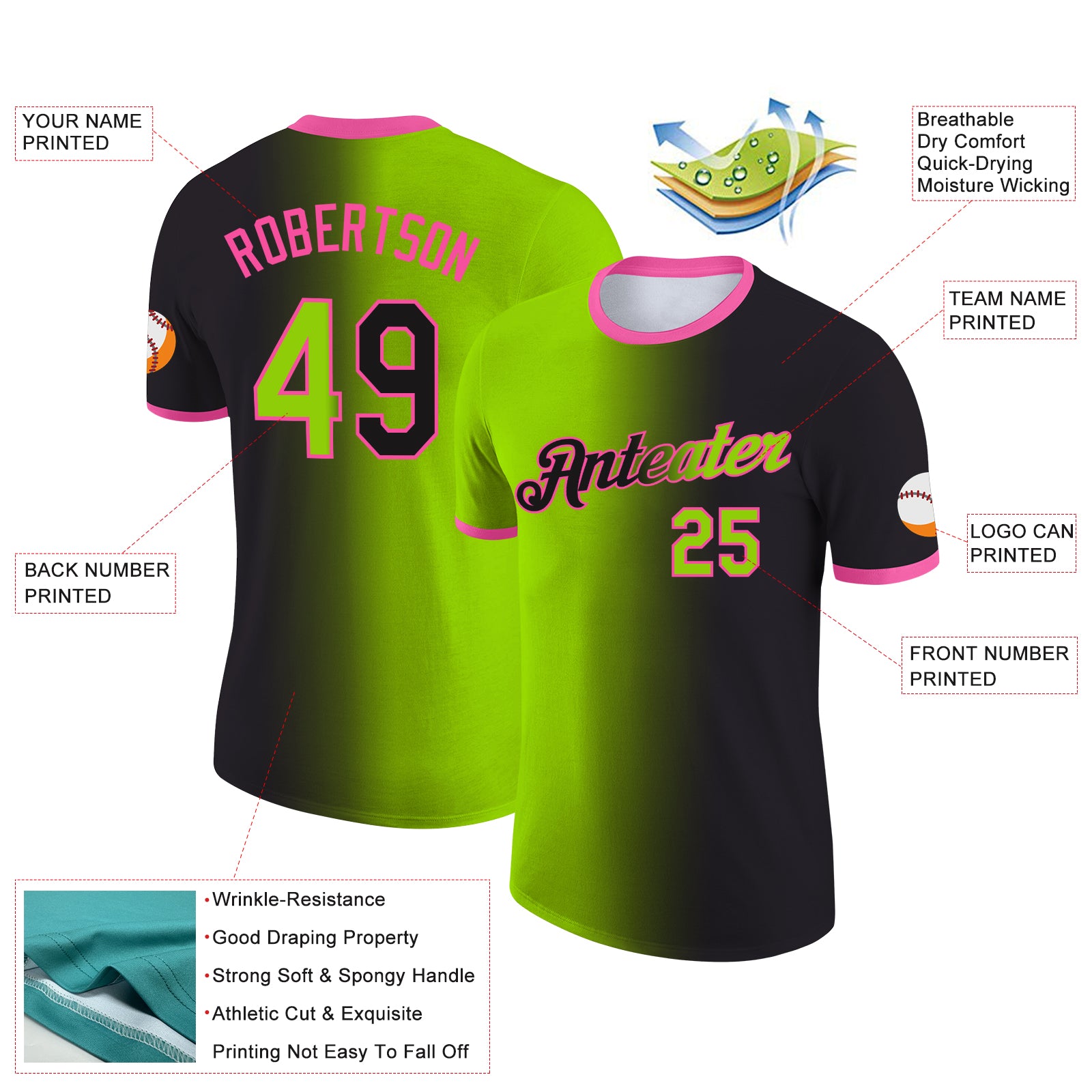 Custom Black Neon Green-Pink Gradient Fashion Performance T-Shirt