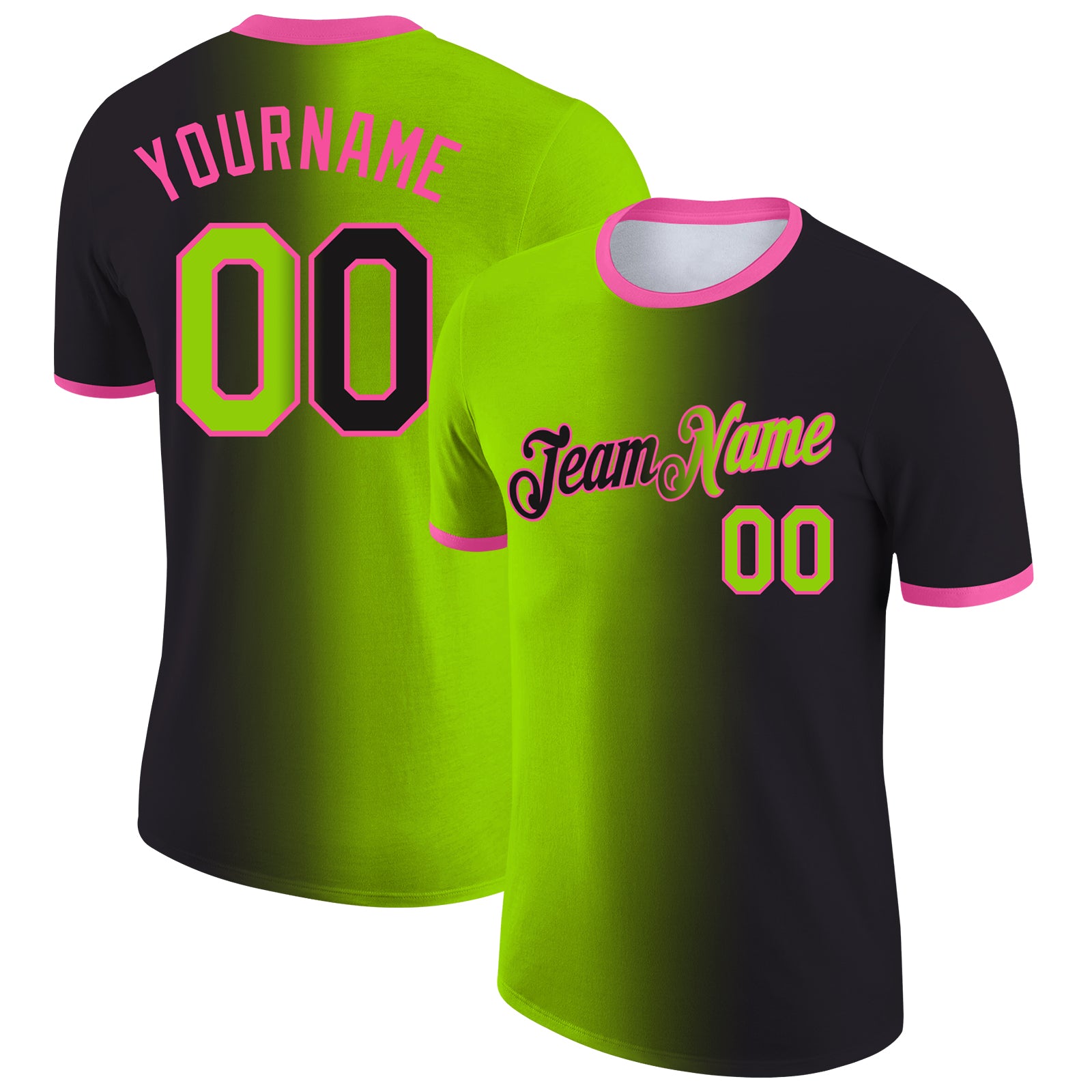 Custom Black Neon Green-Pink Gradient Fashion Performance T-Shirt