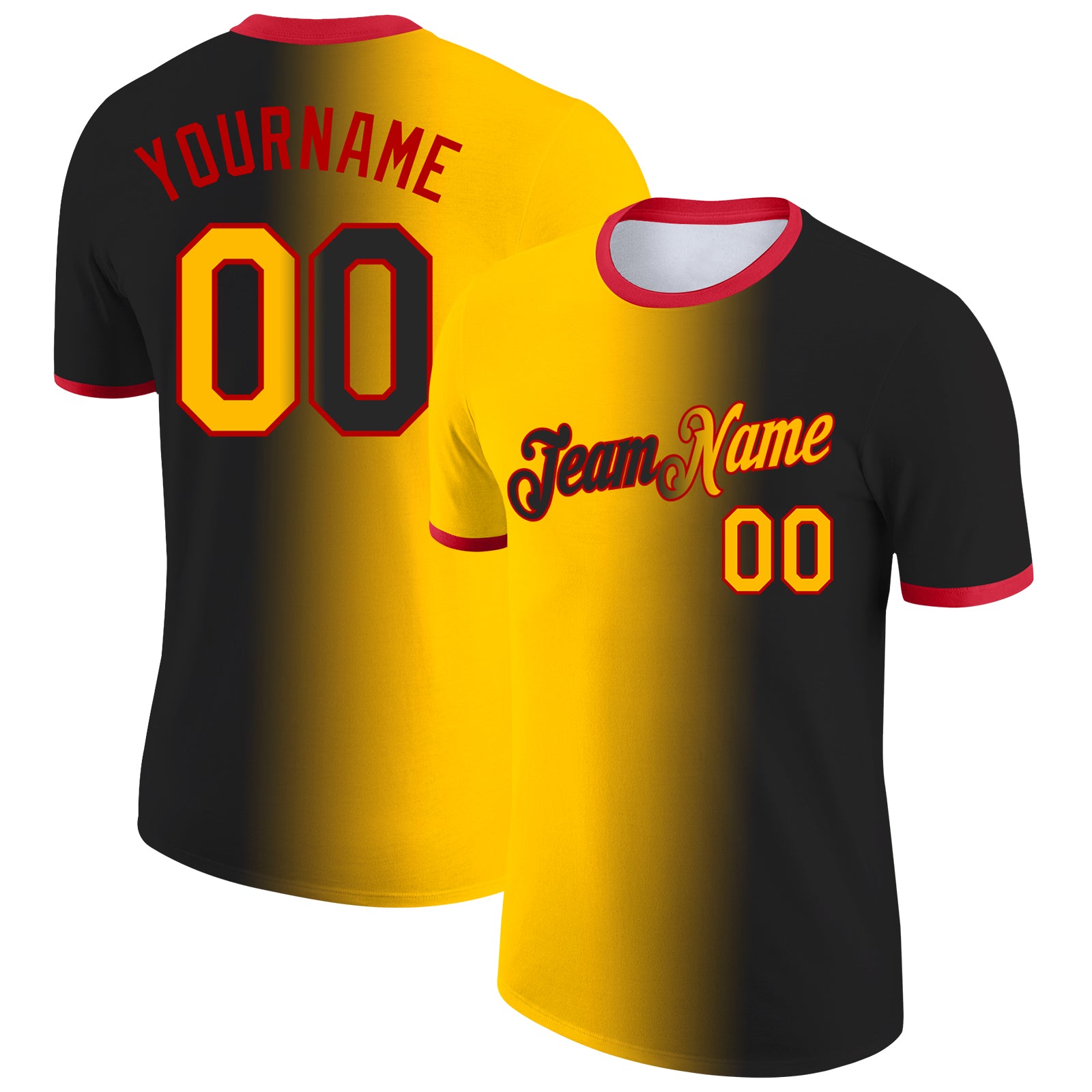 Custom Black Gold-Red Gradient Fashion Performance T-Shirt