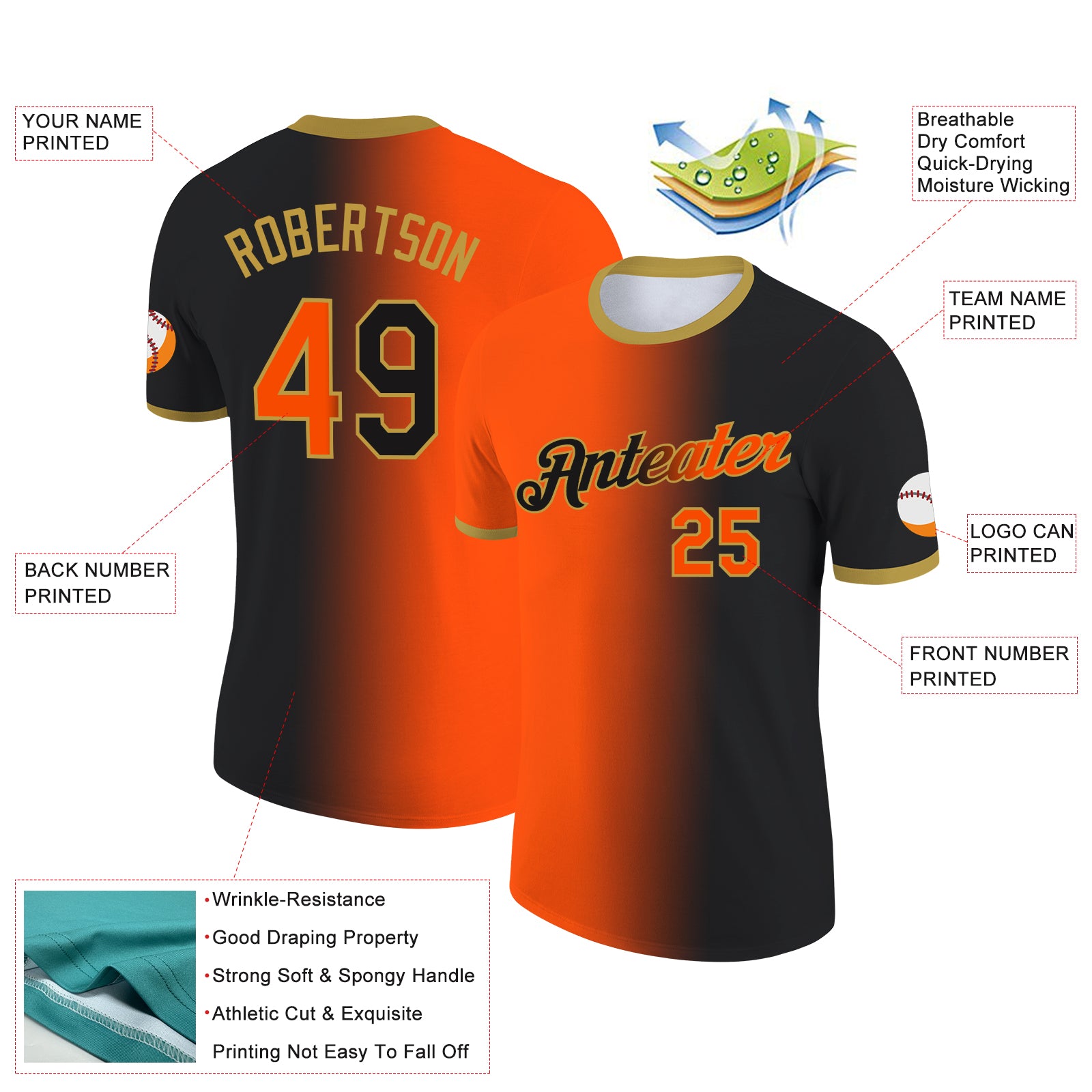 Custom Black Orange-Old Gold Gradient Fashion Performance T-Shirt