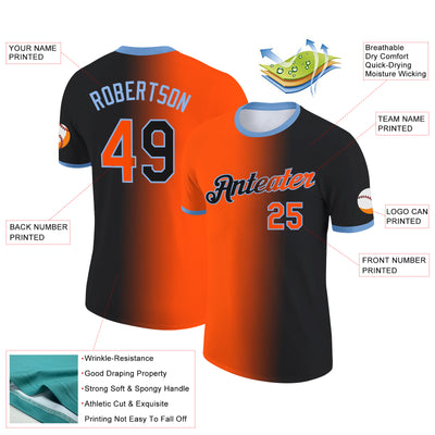 Custom Black Orange-Light Blue Gradient Fashion Performance T-Shirt