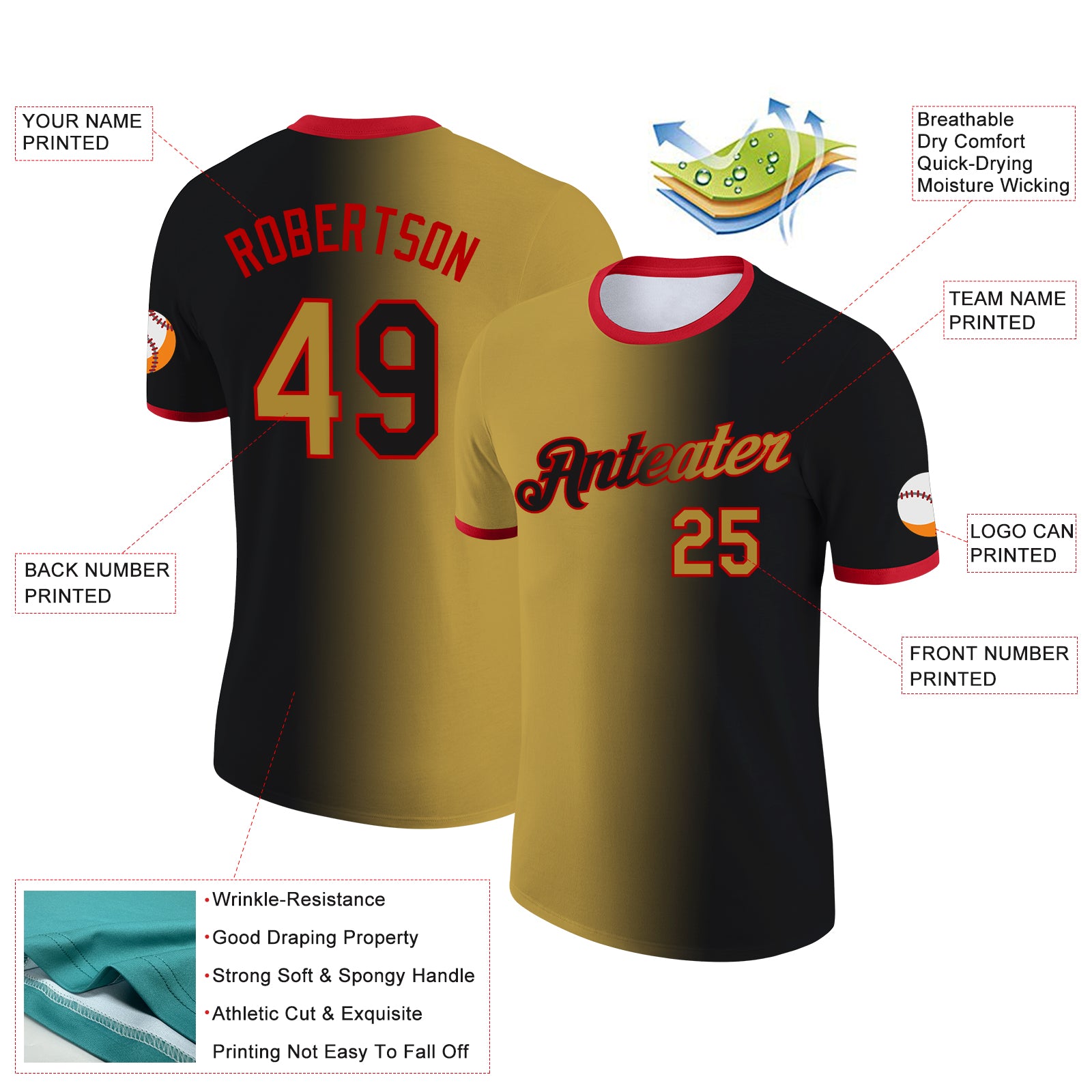 Custom Black Old Gold-Red Gradient Fashion Performance T-Shirt