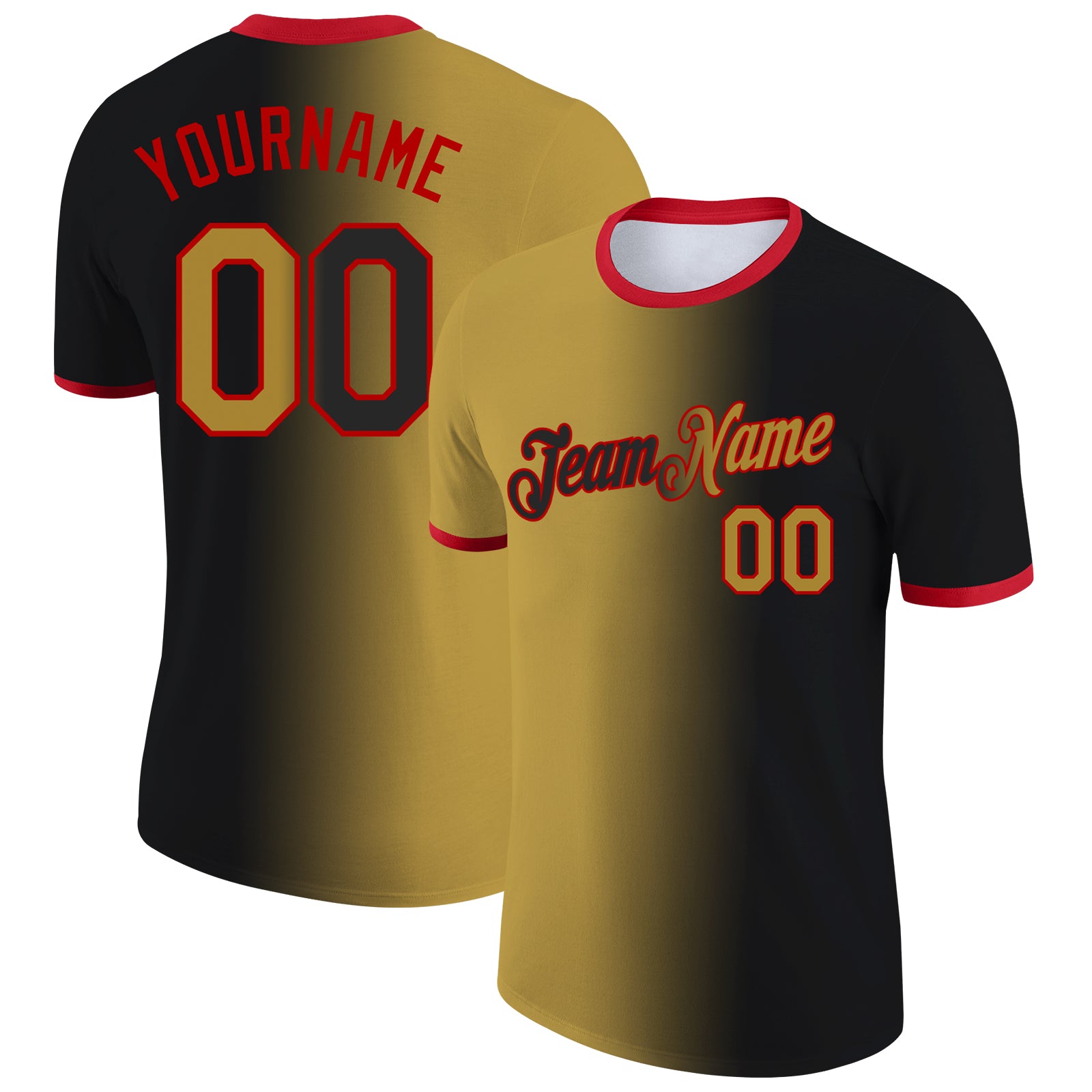Custom Black Old Gold-Red Gradient Fashion Performance T-Shirt