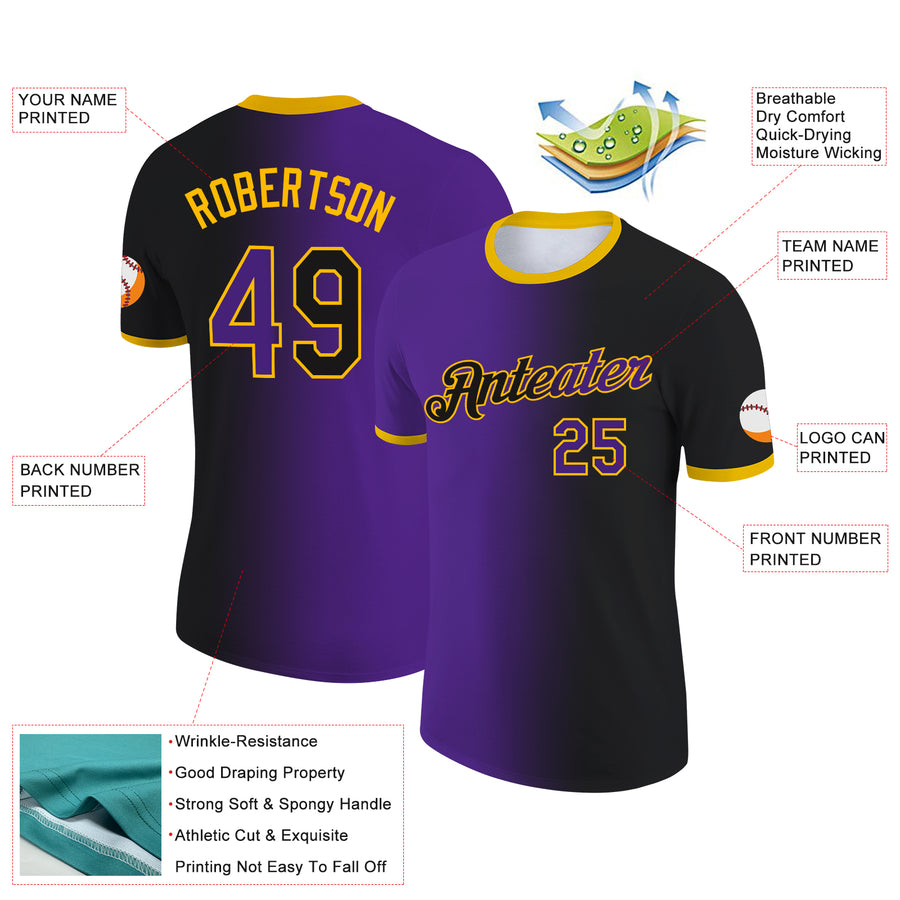 Custom Black Purple-Gold Gradient Fashion Performance T-Shirt