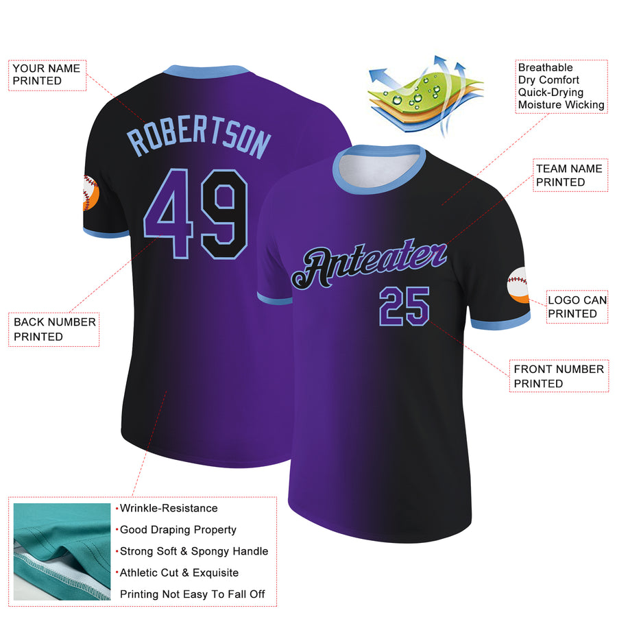Custom Black Purple-Light Blue Gradient Fashion Performance T-Shirt