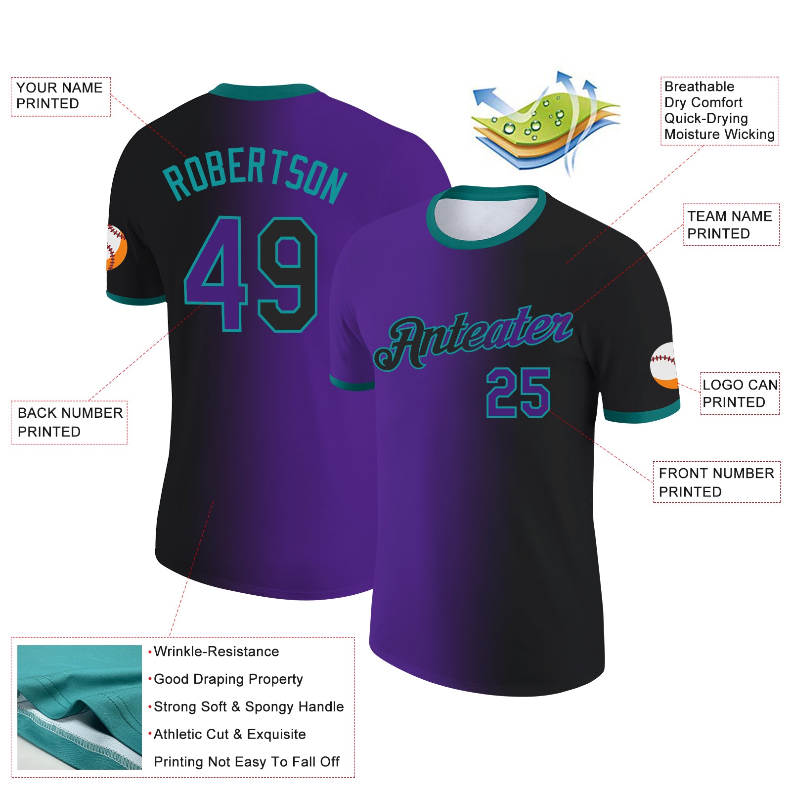 Custom Black Purple-Teal Gradient Fashion Performance T-Shirt