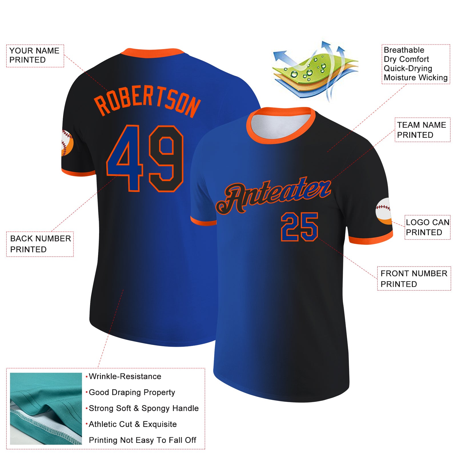 Custom Black Royal-Orange Gradient Fashion Performance T-Shirt